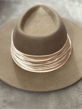 Eugenia Kim Taupe Wool Fedora with Champagne Satin Band